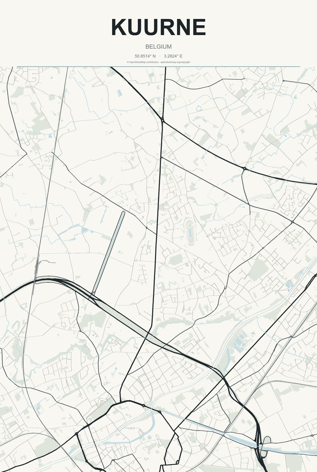 Kuurne, Belgium City Map Aluminum Sign in Headline Atlas style