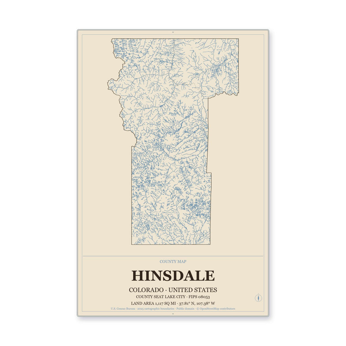 Hinsdale County, Colorado Map Aluminum Sign in Heritage Nautical style