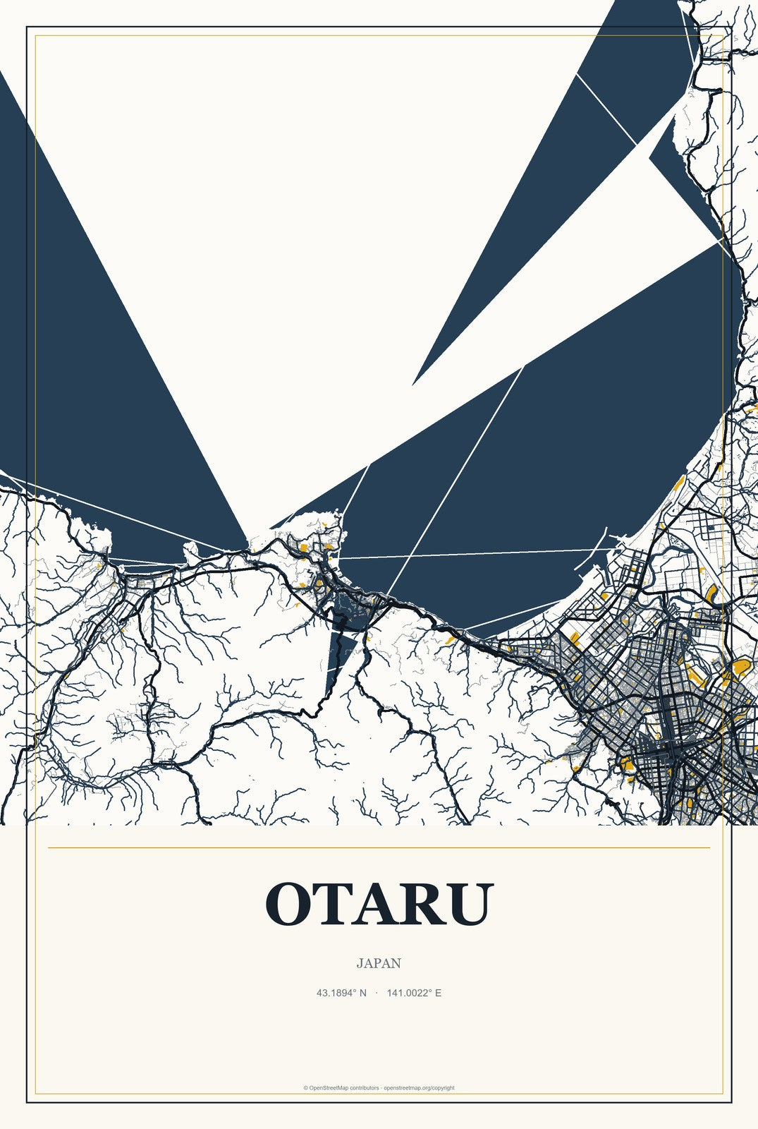 Otaru, Japan City Map Aluminum Sign in Citrine Modern style