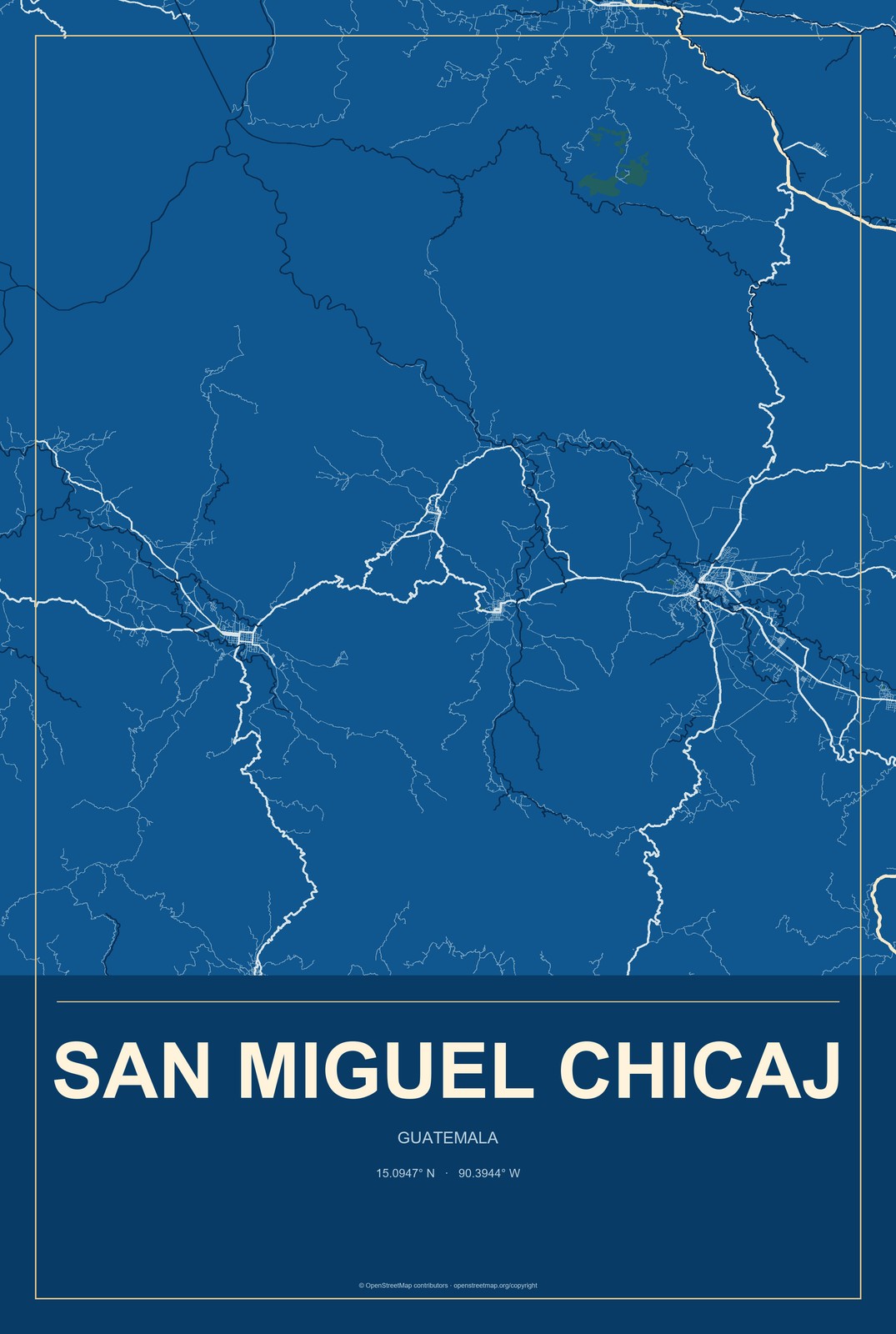 San Miguel Chicaj, Guatemala City Map Aluminum Sign in Harbor Cobalt style