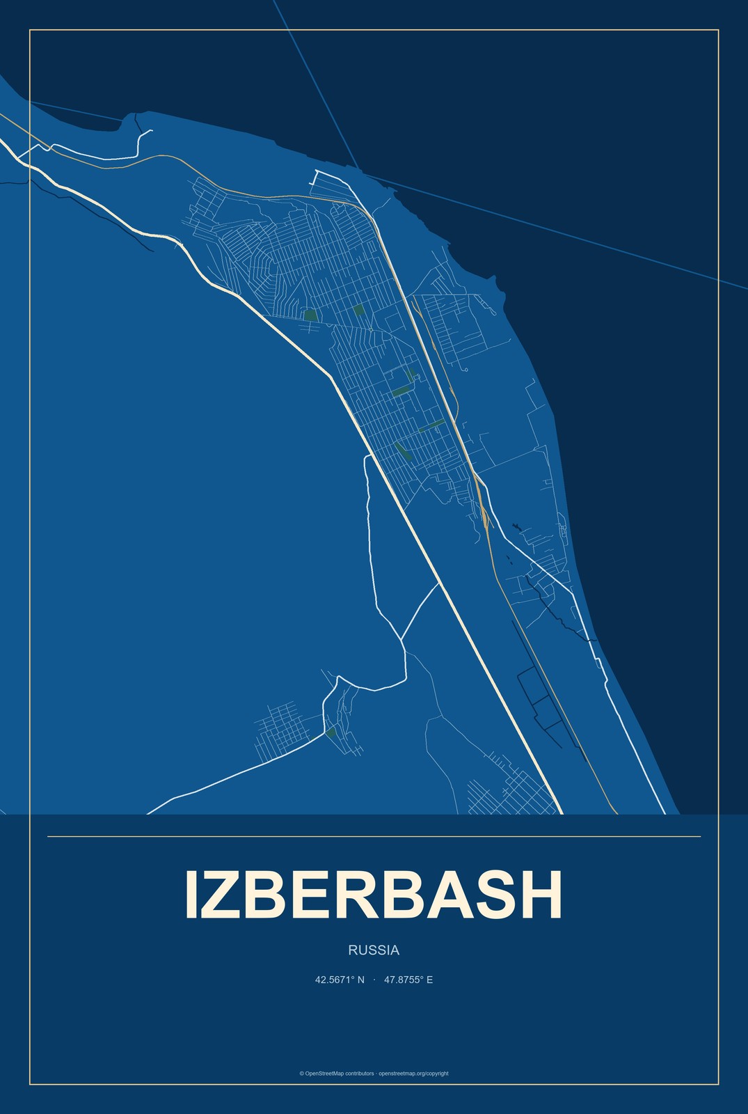 Izberbash, Russia City Map Aluminum Sign in Harbor Cobalt style