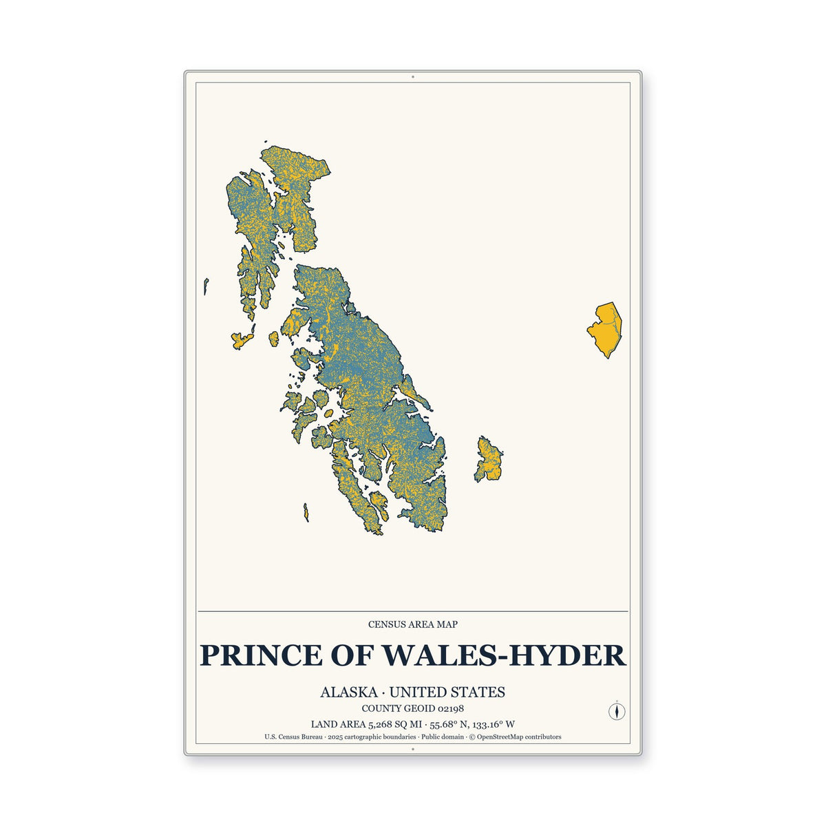 Prince of Wales-Hyder Census Area, Alaska Map Aluminum Sign in Citrine Modern style