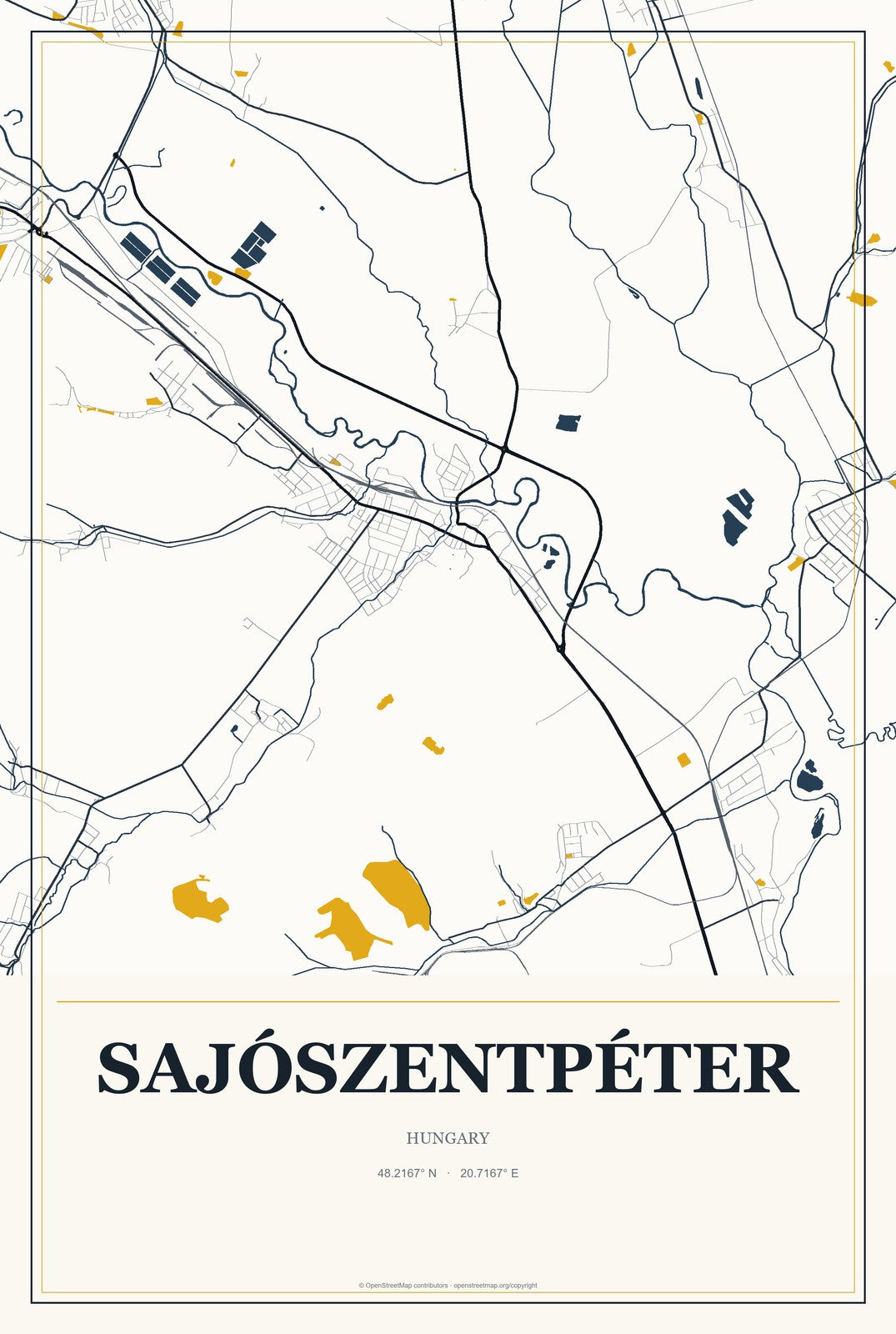 Sajószentpéter, Hungary City Map Aluminum Sign in Citrine Modern style