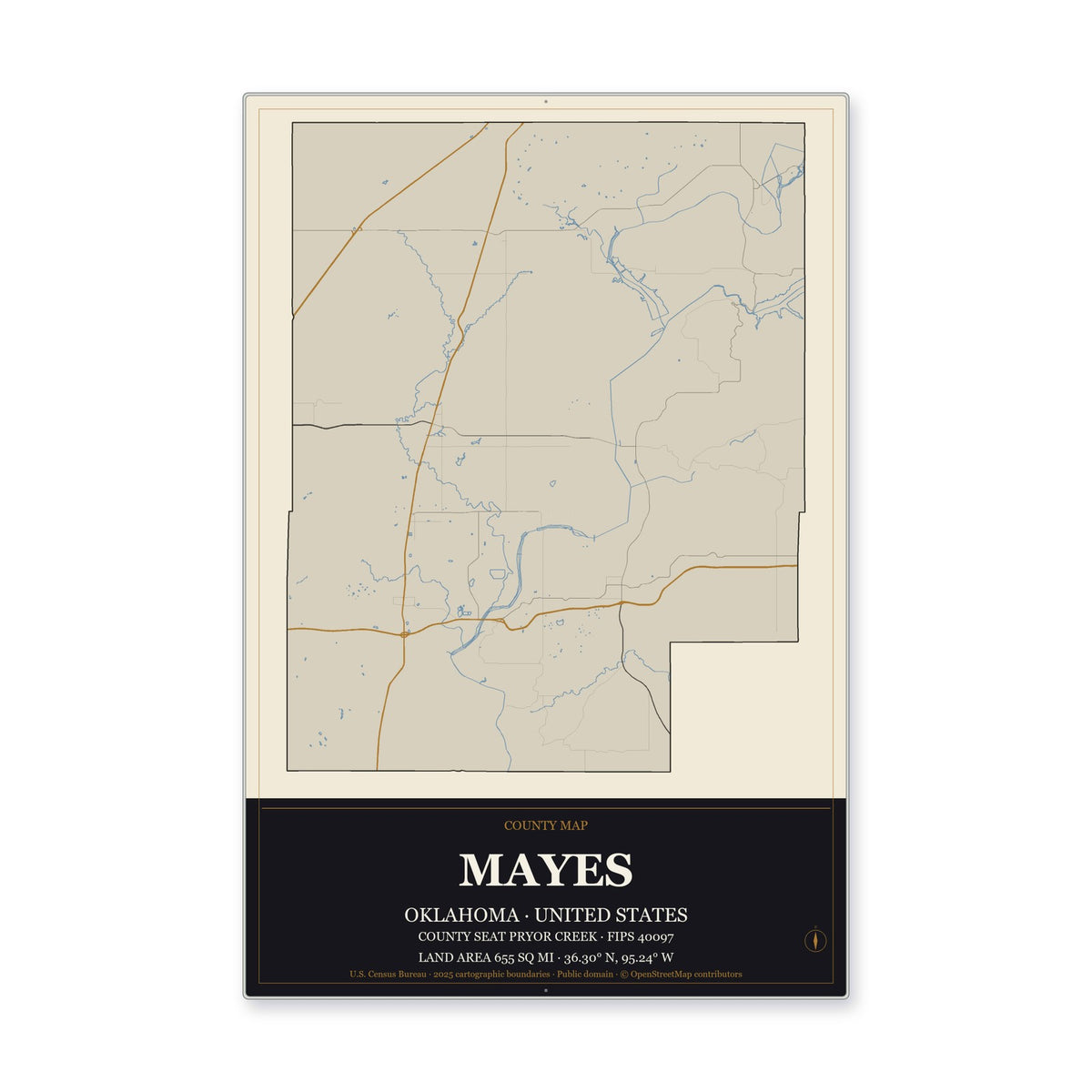 Mayes County, Oklahoma Map Aluminum Sign in Museum Plaque style