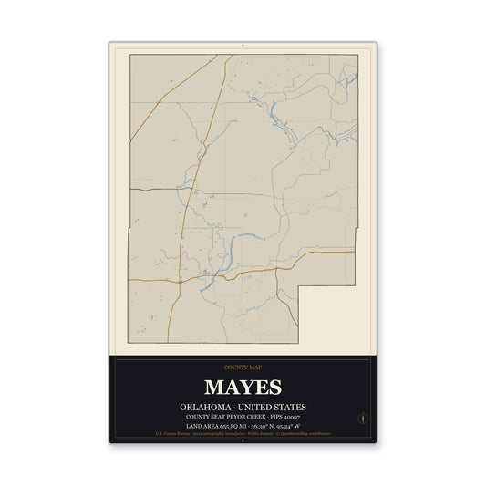 Mayes County, Oklahoma Map Aluminum Sign in Museum Plaque style