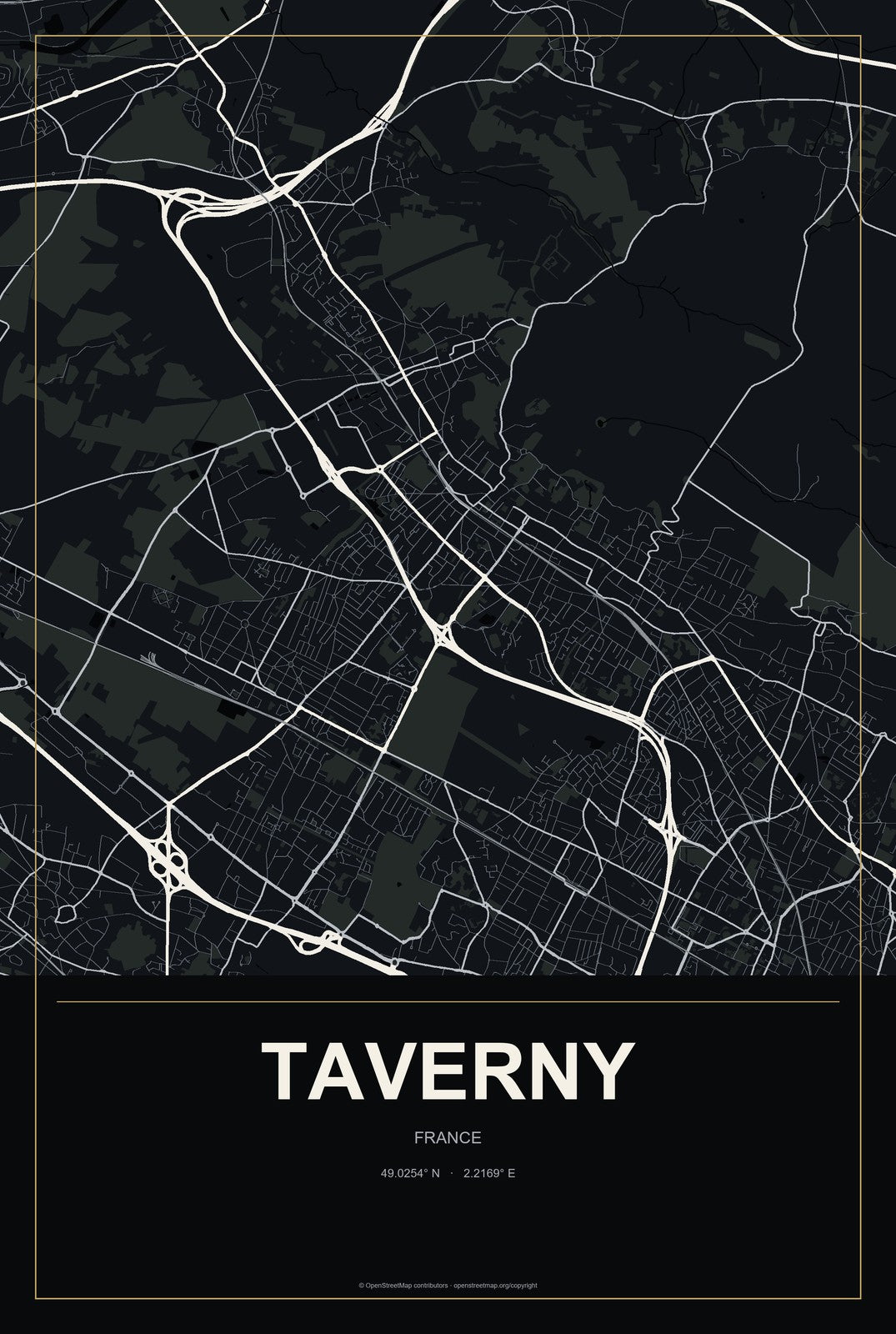 Taverny, France City Map Aluminum Sign in Metropolitan Noir style