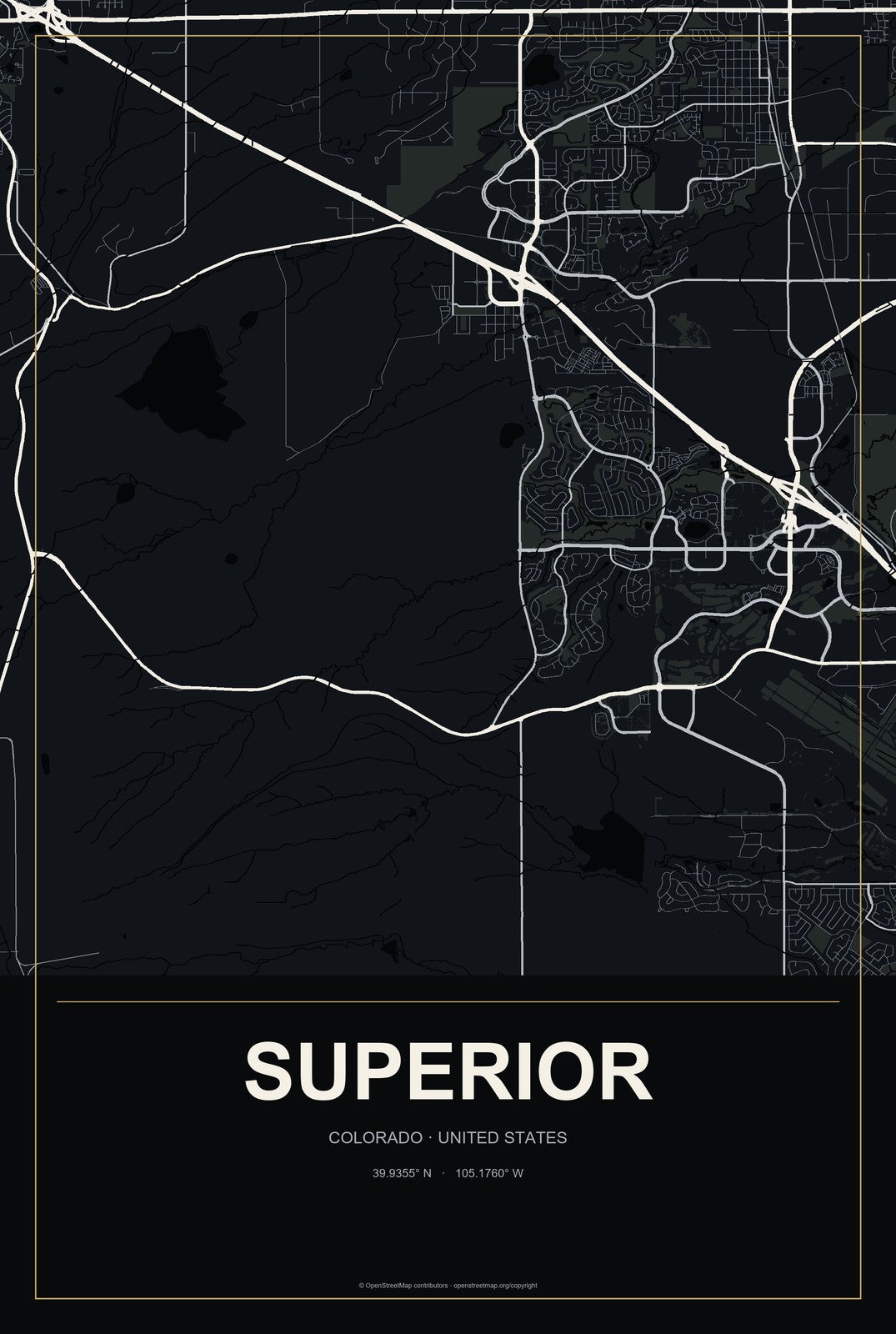 Superior, Colorado City Map Aluminum Sign in Metropolitan Noir style