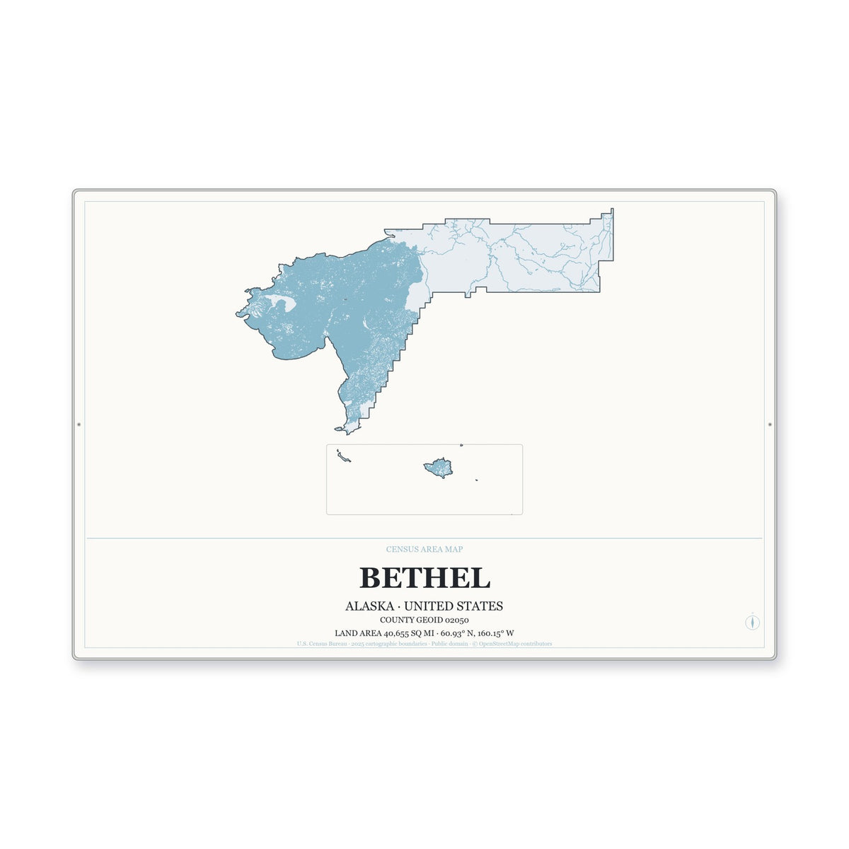 Bethel Census Area, Alaska Map Aluminum Sign in Gallery Air style