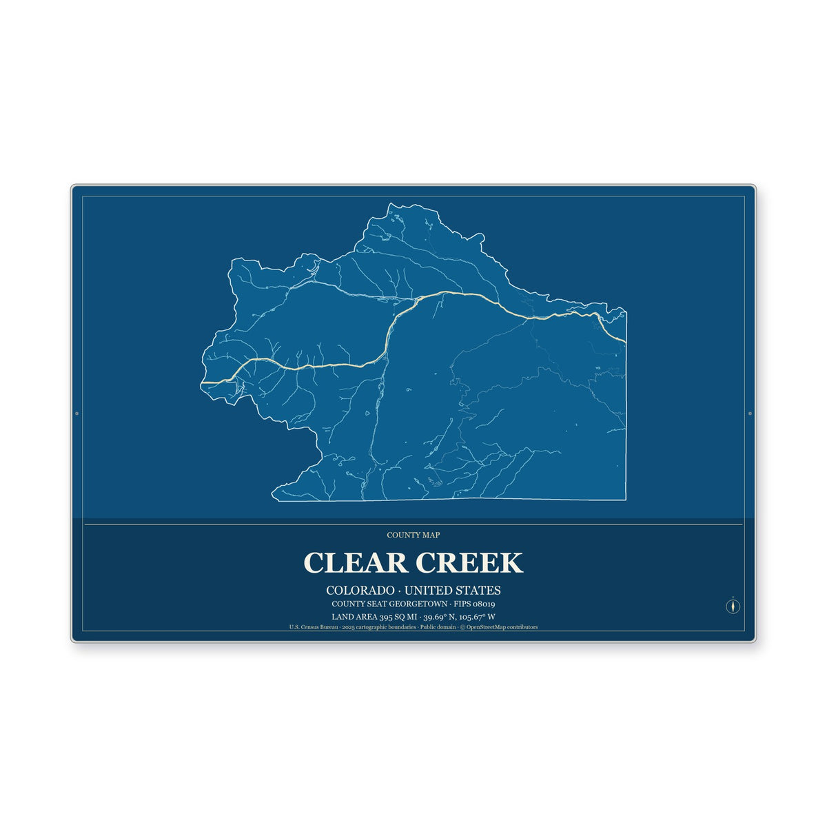 Clear Creek County, Colorado Map Aluminum Sign in Harbor Cobalt style