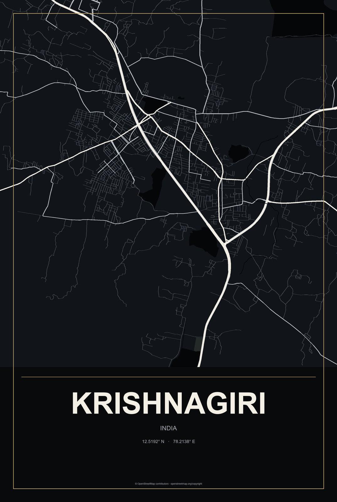 Krishnagiri, India City Map Aluminum Sign in Metropolitan Noir style