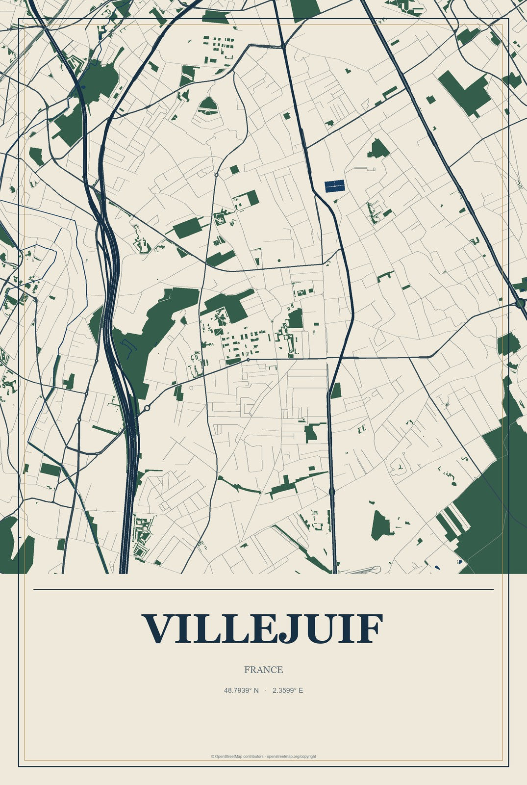 Villejuif, France City Map Aluminum Sign in Coastal Cutout style
