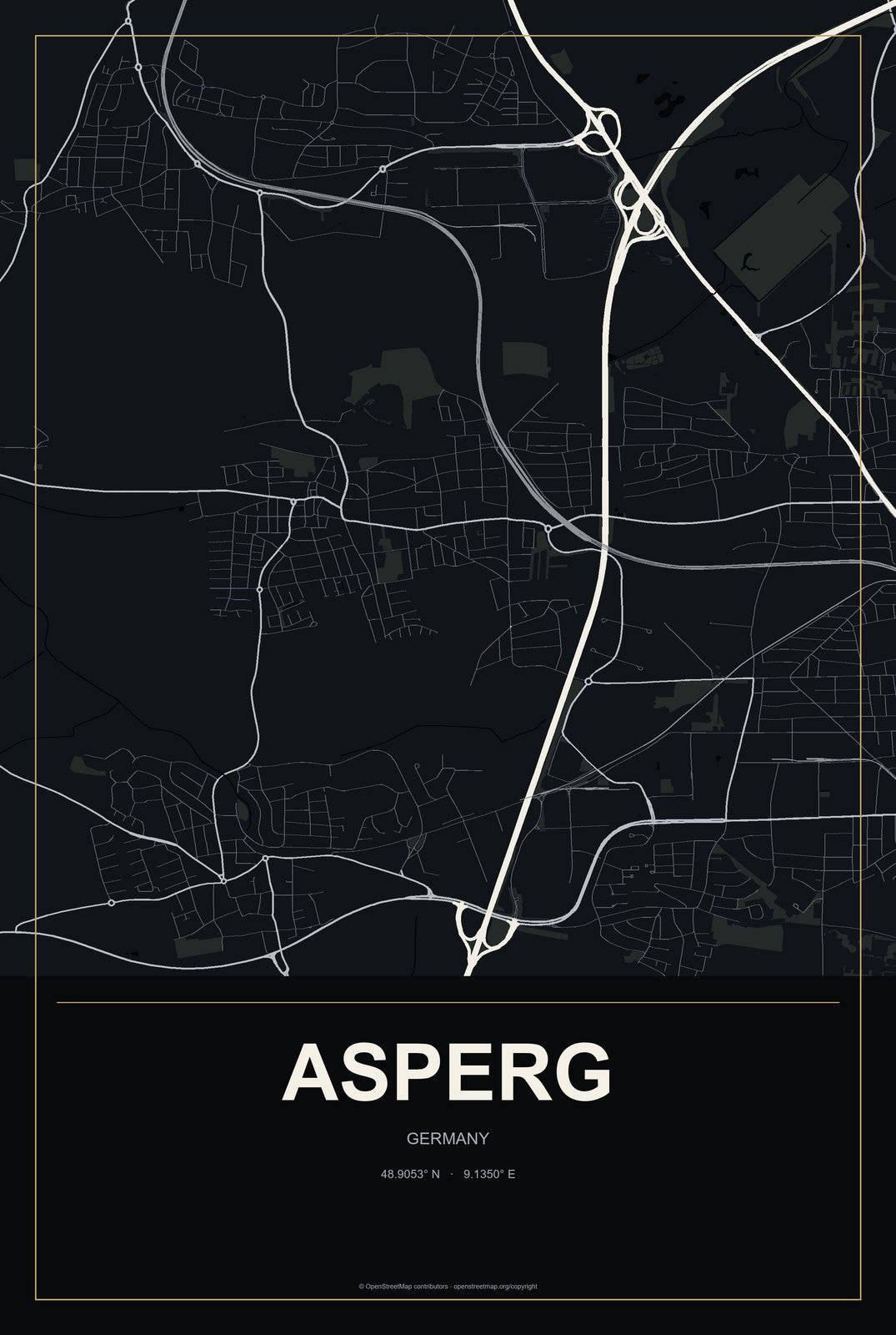 Asperg, Germany City Map Aluminum Sign in Metropolitan Noir style
