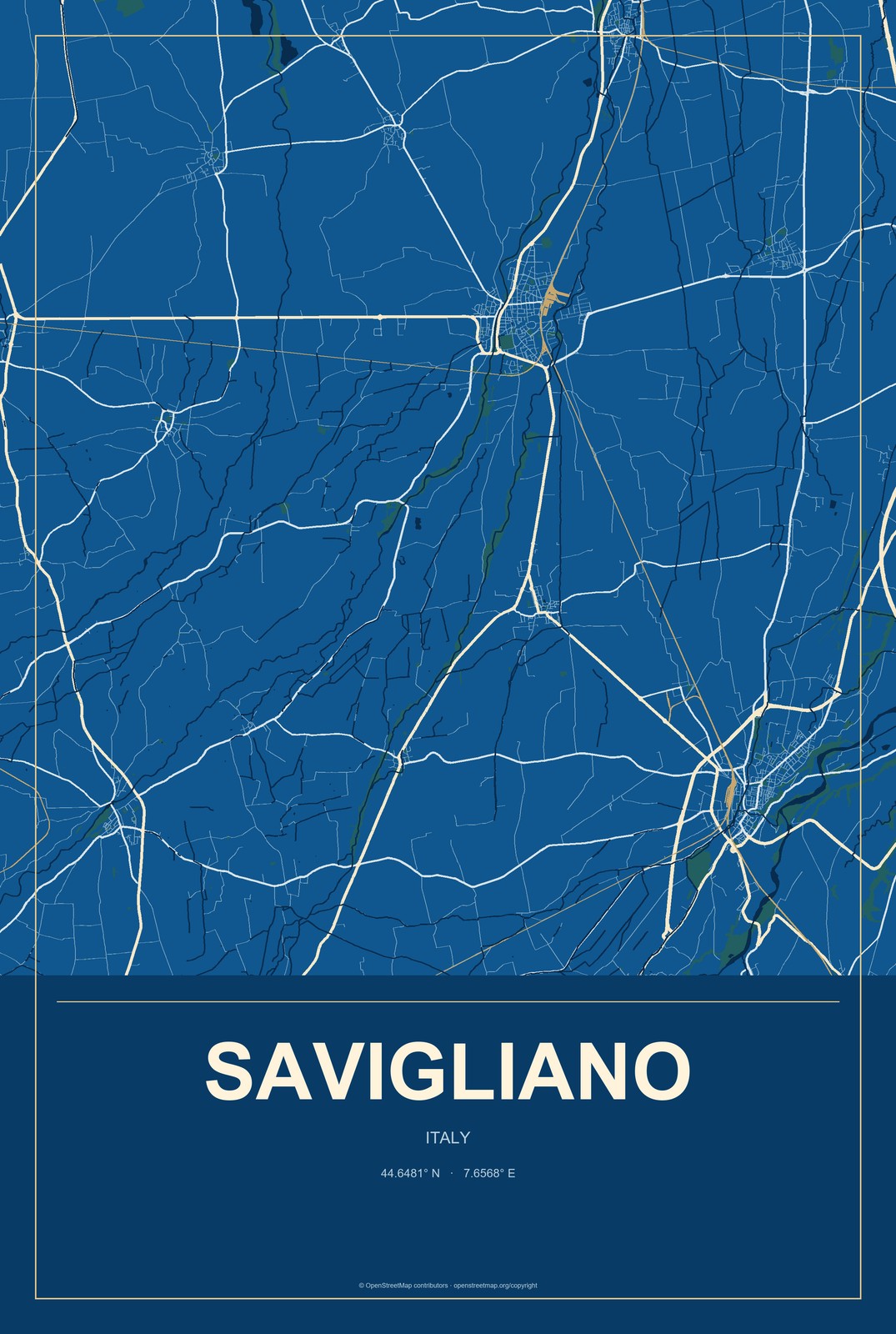 Savigliano, Italy City Map Aluminum Sign in Harbor Cobalt style