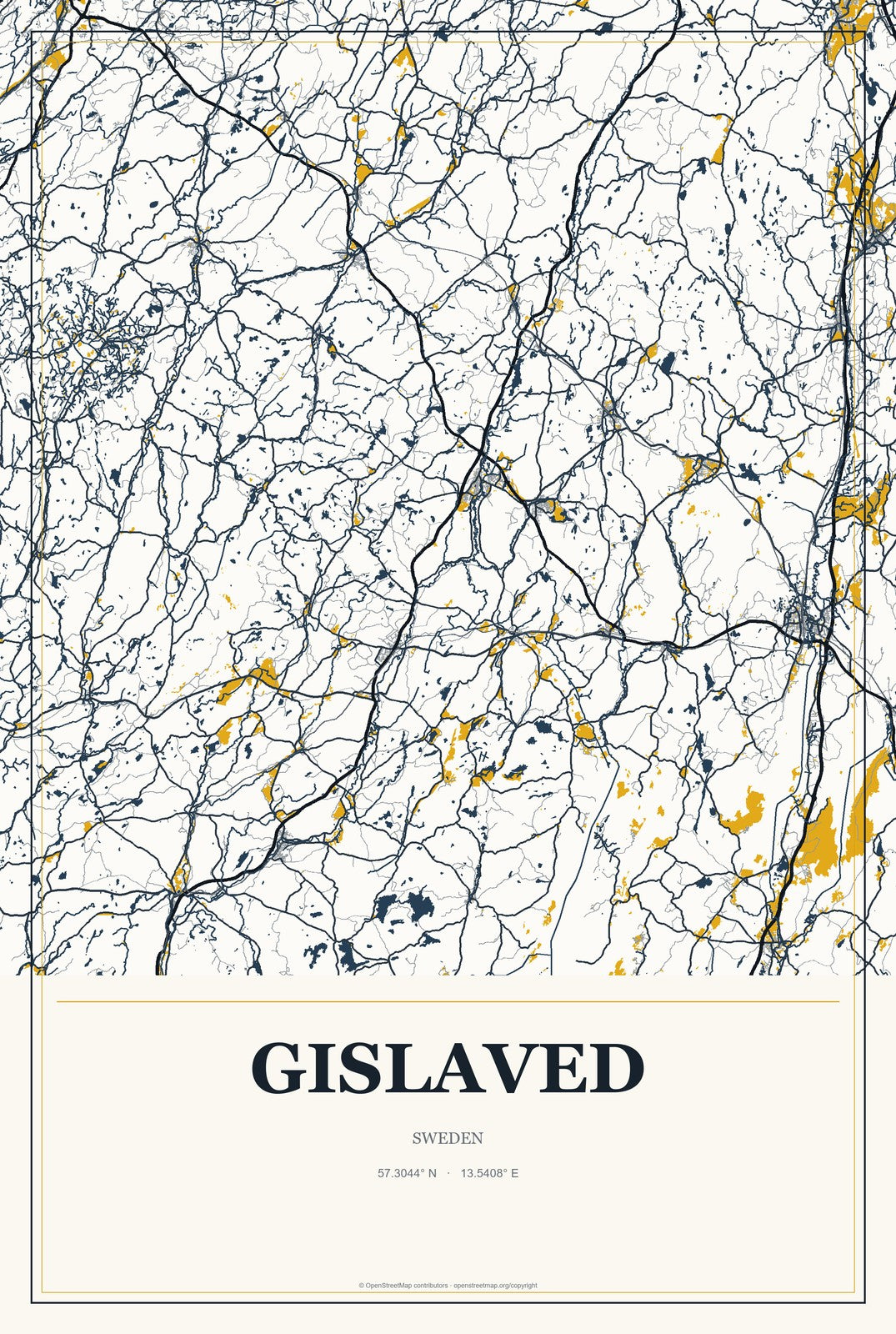 Gislaved, Sweden City Map Aluminum Sign in Citrine Modern style