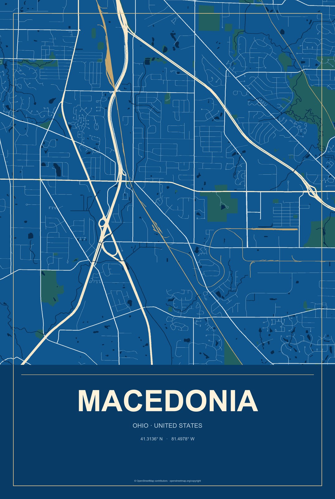 Macedonia, Ohio City Map Aluminum Sign in Harbor Cobalt style