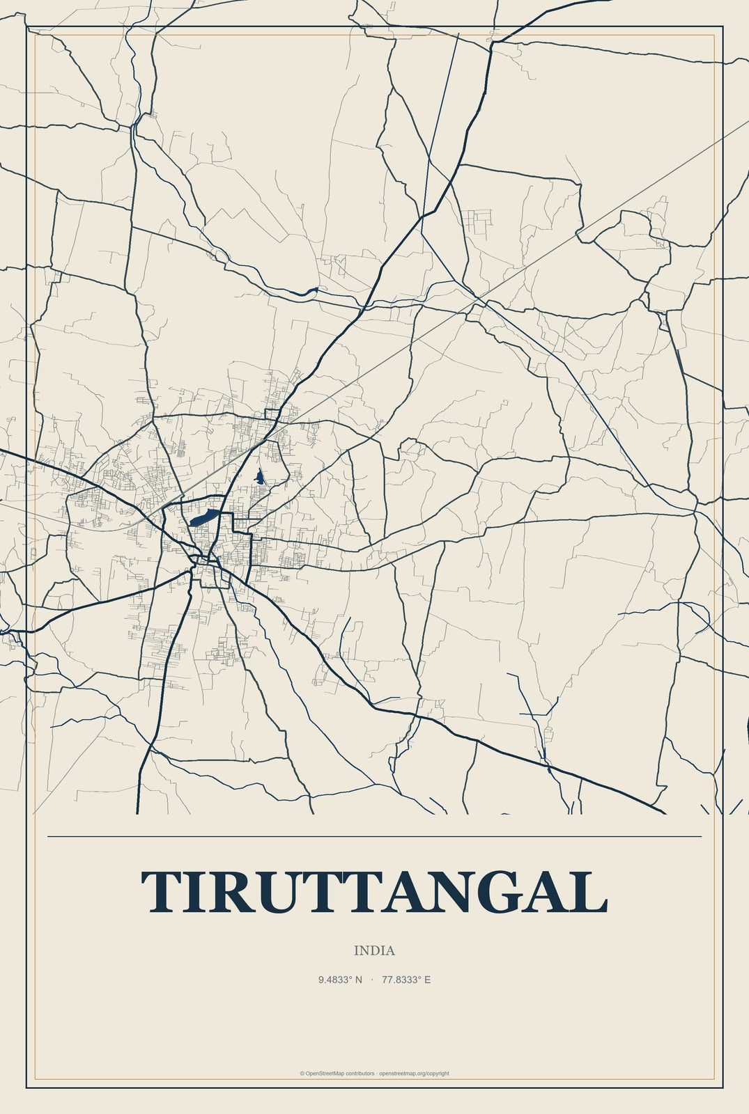 Tiruttangal, India City Map Aluminum Sign in Coastal Cutout style