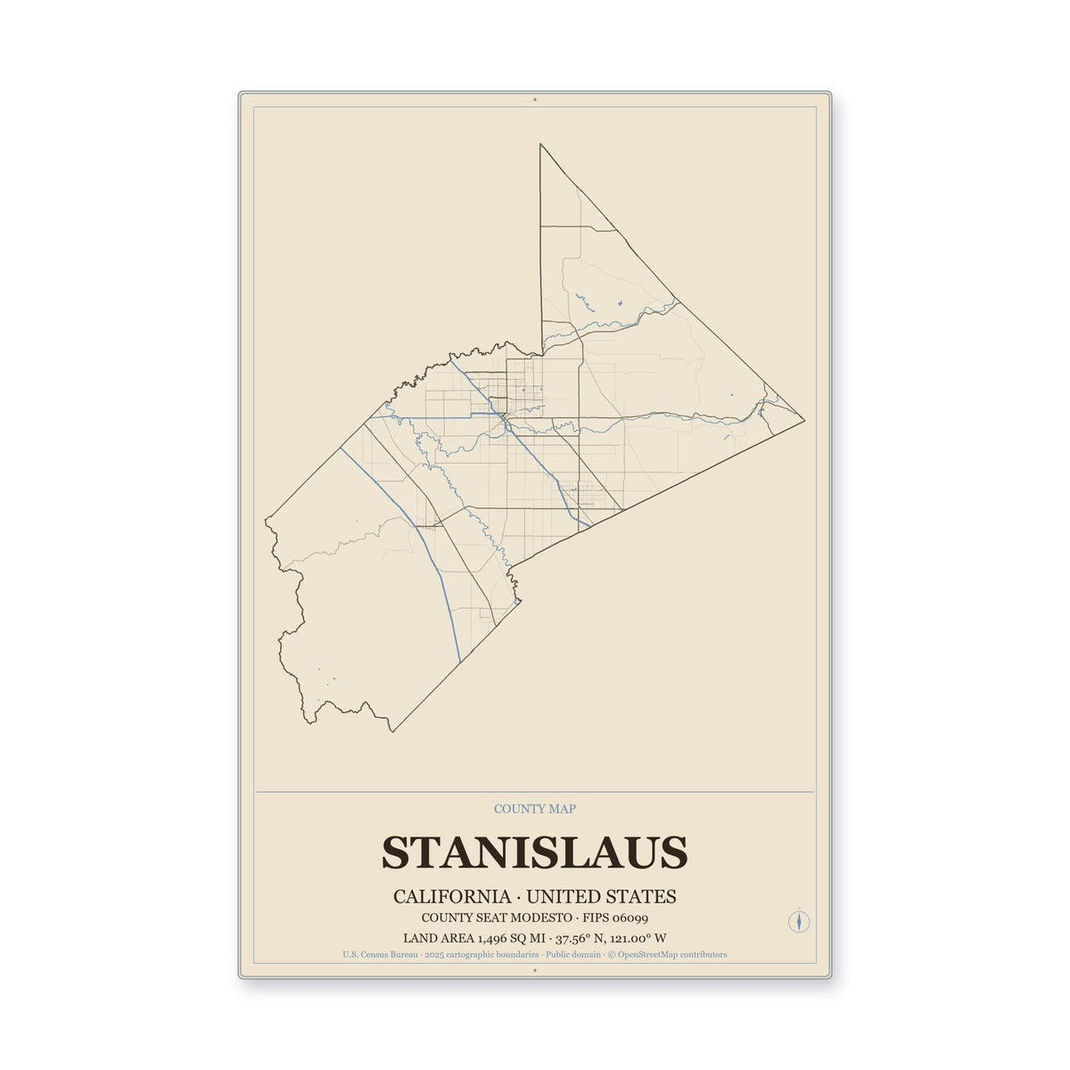 Stanislaus County, California Map Aluminum Sign in Heritage Nautical style