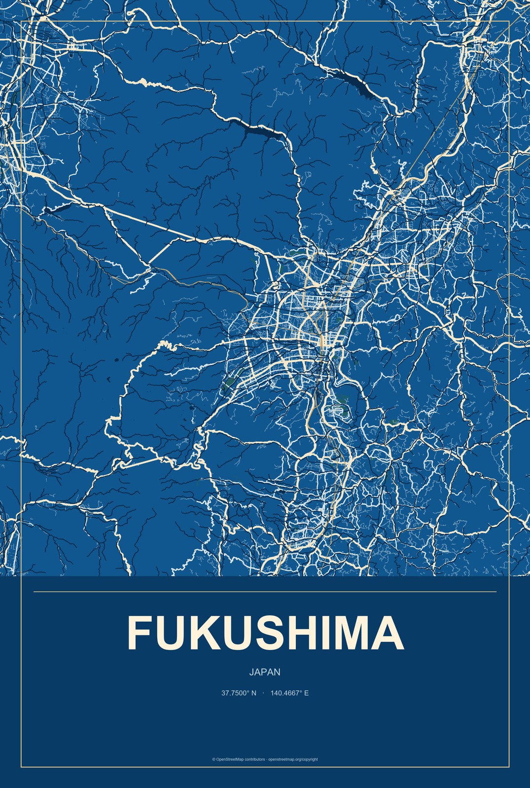 Fukushima, Japan City Map Aluminum Sign in Harbor Cobalt style