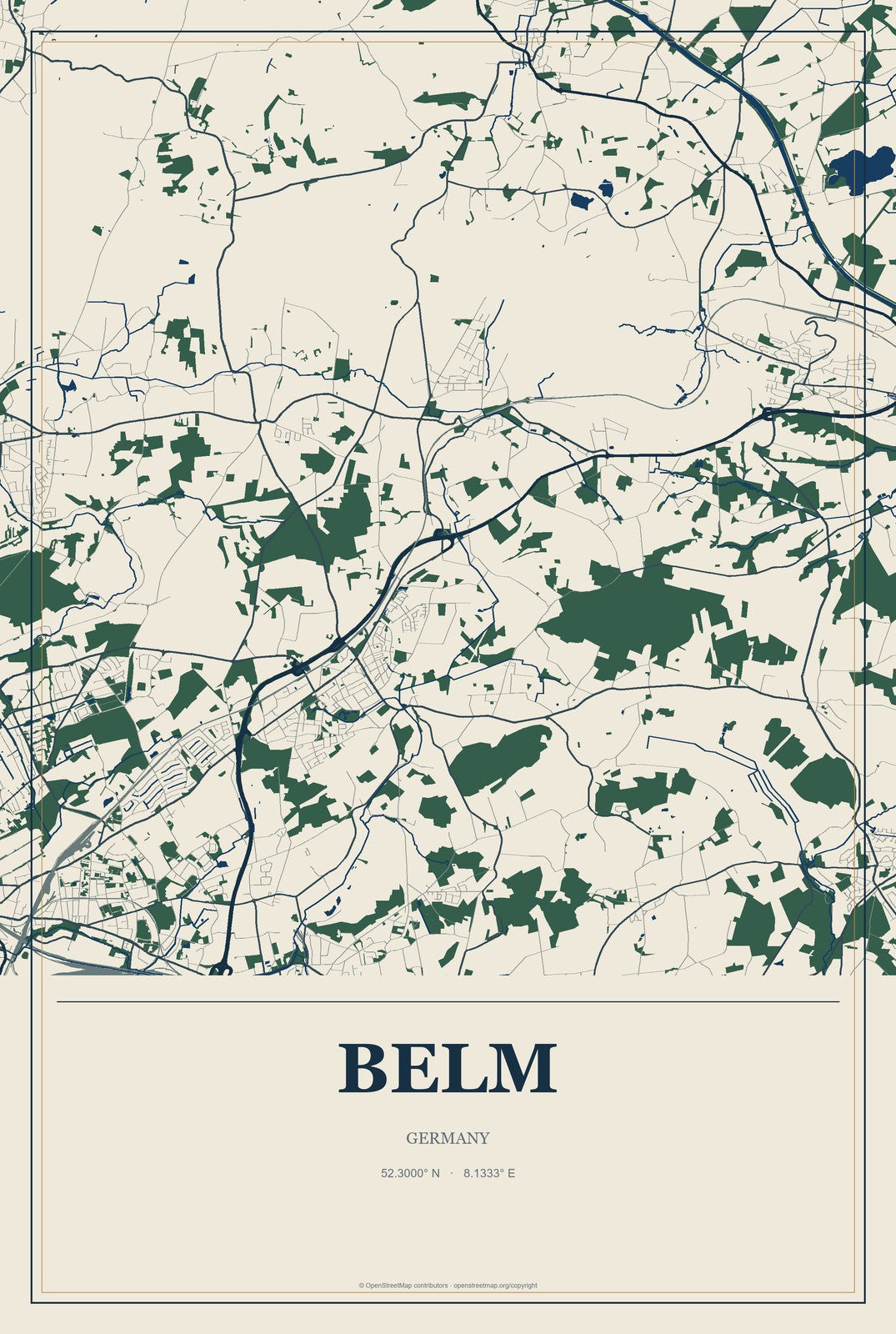 Belm, Germany City Map Aluminum Sign in Coastal Cutout style