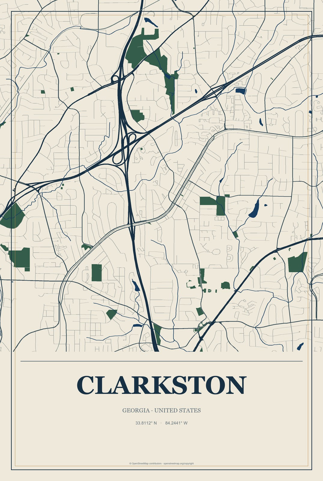 Clarkston, Georgia City Map Aluminum Sign in Coastal Cutout style