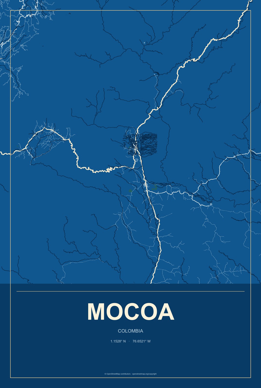Mocoa, Colombia City Map Aluminum Sign in Harbor Cobalt style