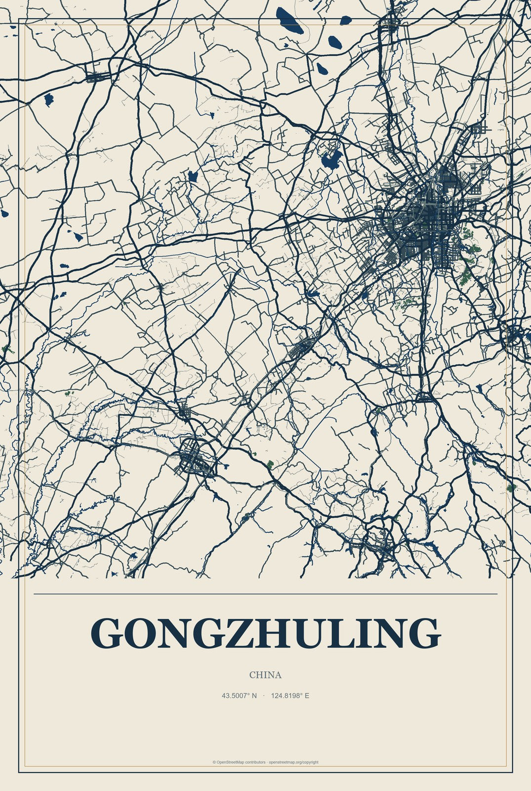 Gongzhuling, China City Map Aluminum Sign in Coastal Cutout style
