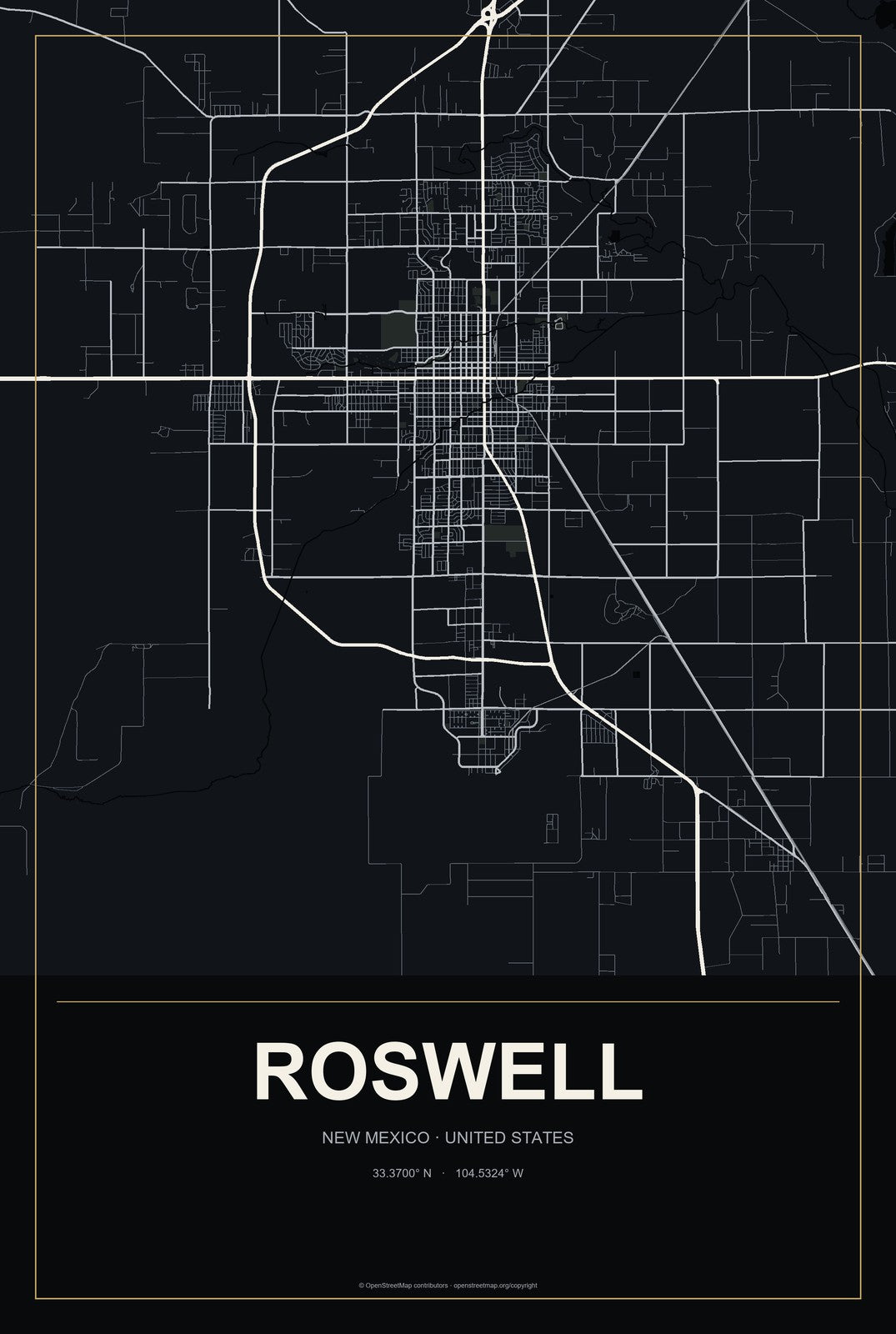 Roswell, New Mexico City Map Aluminum Sign in Metropolitan Noir style