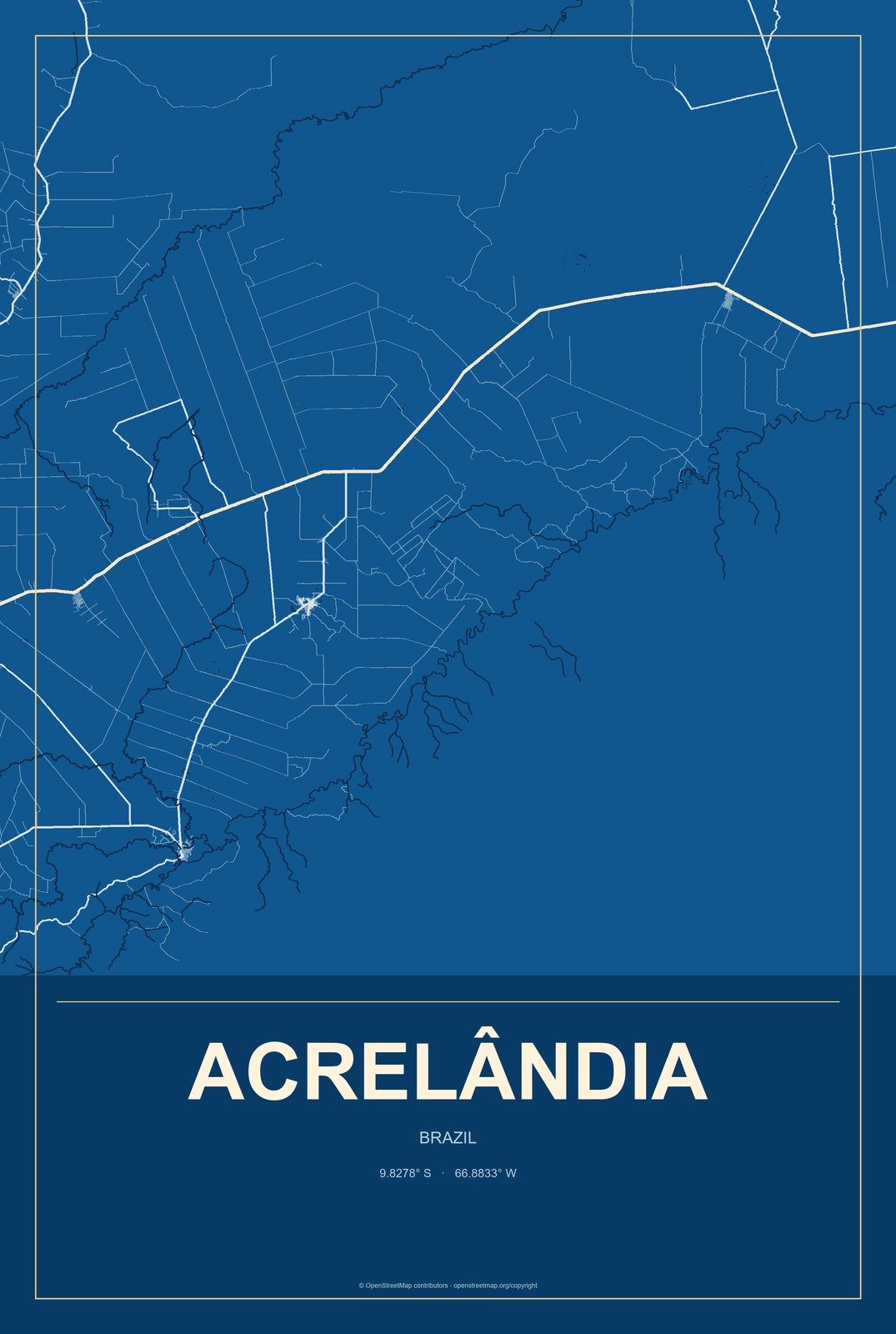 Acrelândia, Brazil City Map Aluminum Sign in Harbor Cobalt style