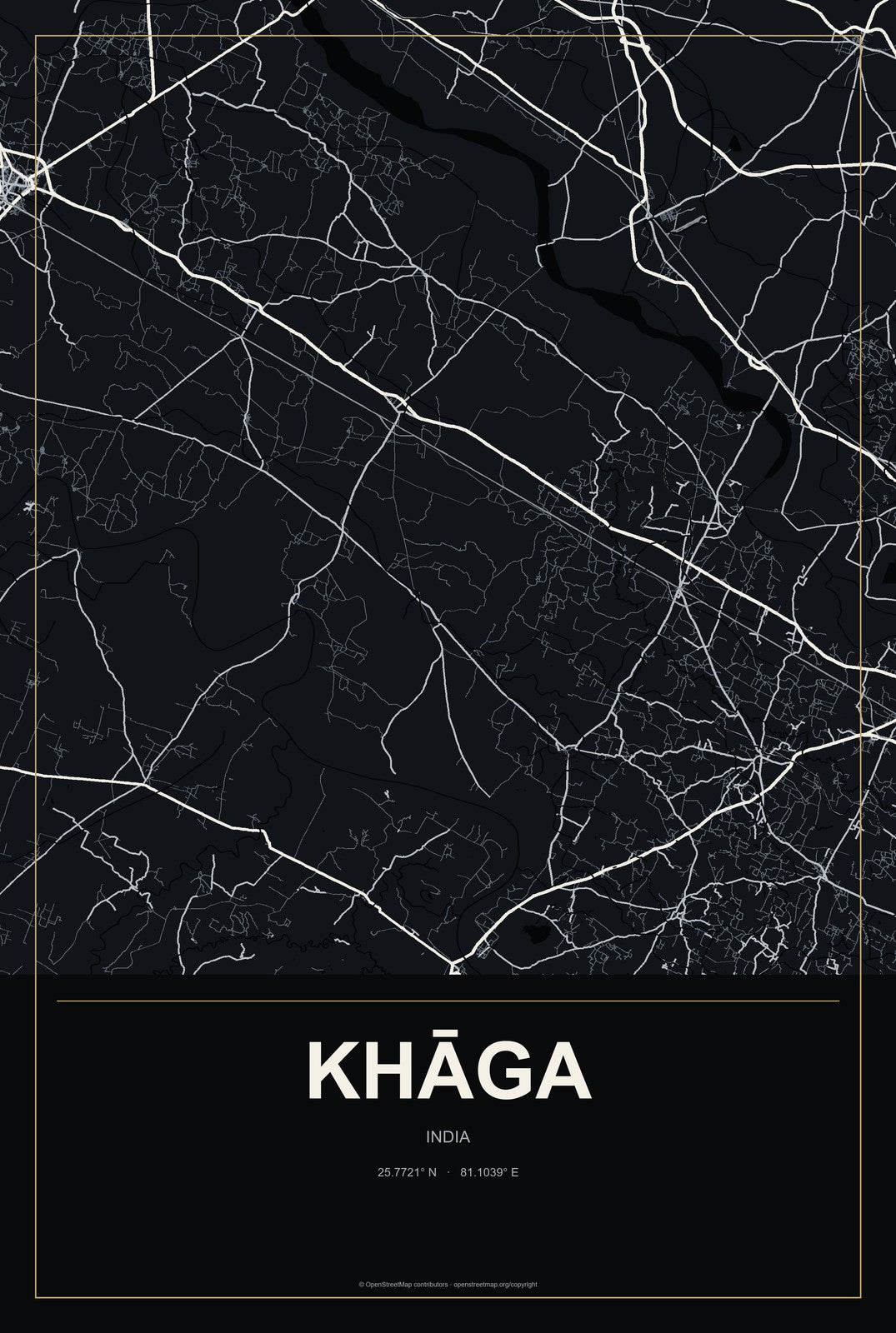 Khāga, India City Map Aluminum Sign in Metropolitan Noir style