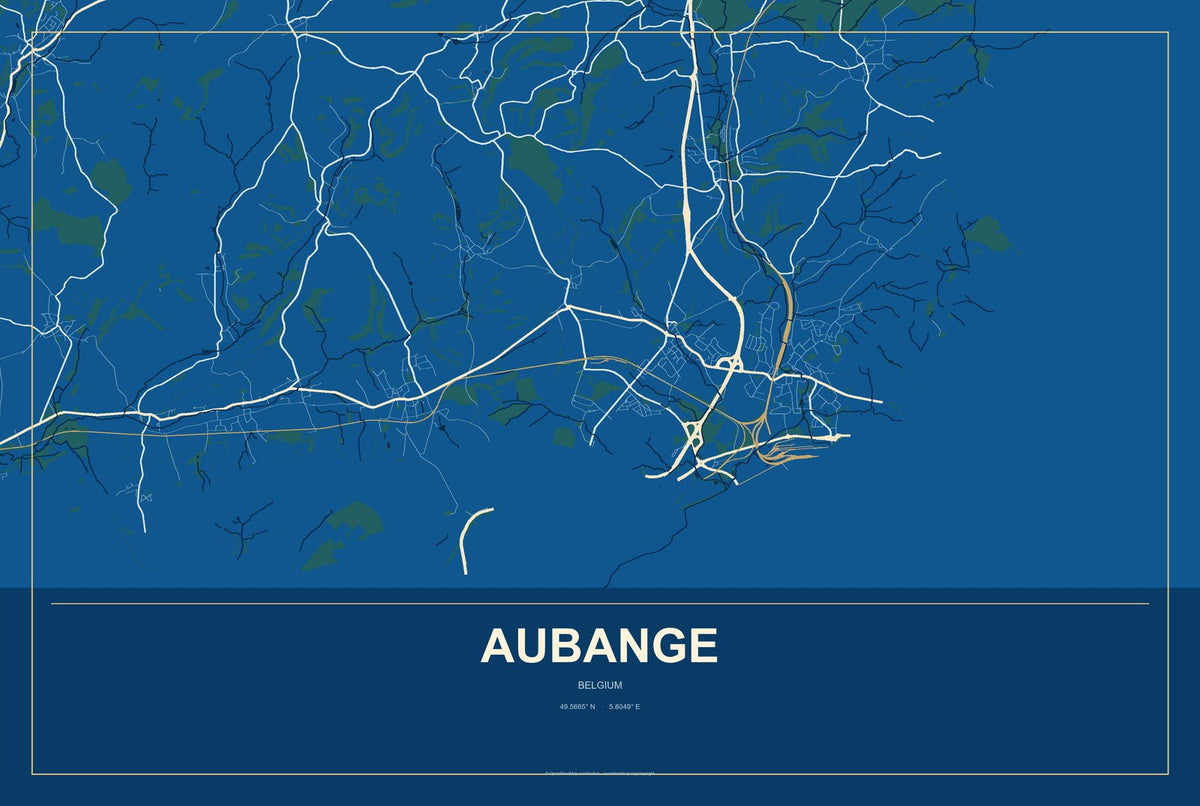 Aubange, Belgium City Map Aluminum Sign in Harbor Cobalt style
