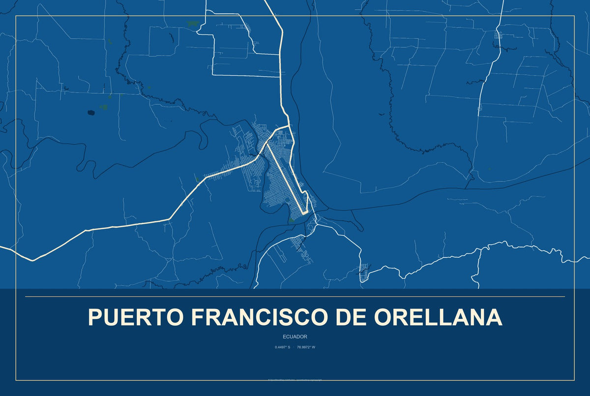 Puerto Francisco de Orellana, Ecuador City Map Aluminum Sign in Harbor Cobalt style