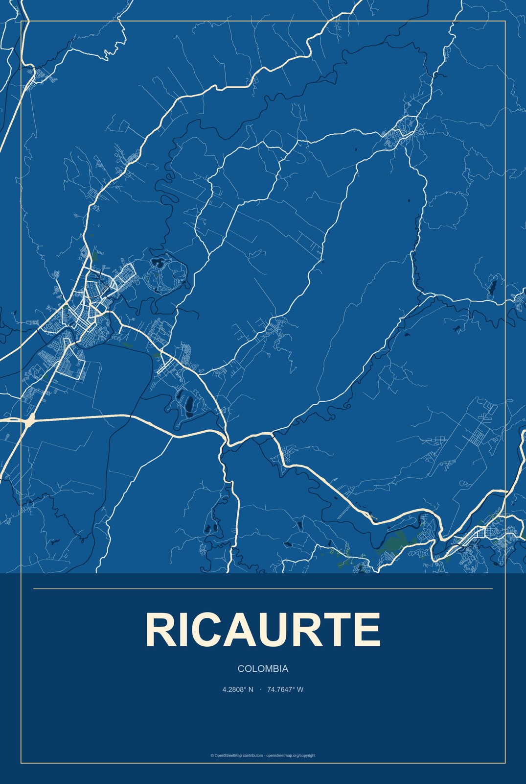 Ricaurte, Colombia City Map Aluminum Sign in Harbor Cobalt style