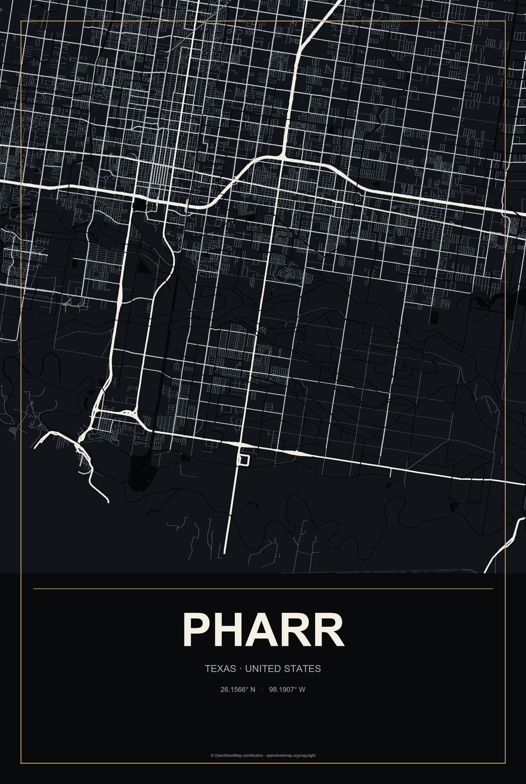 Pharr, Texas City Map Aluminum Sign in Metropolitan Noir style