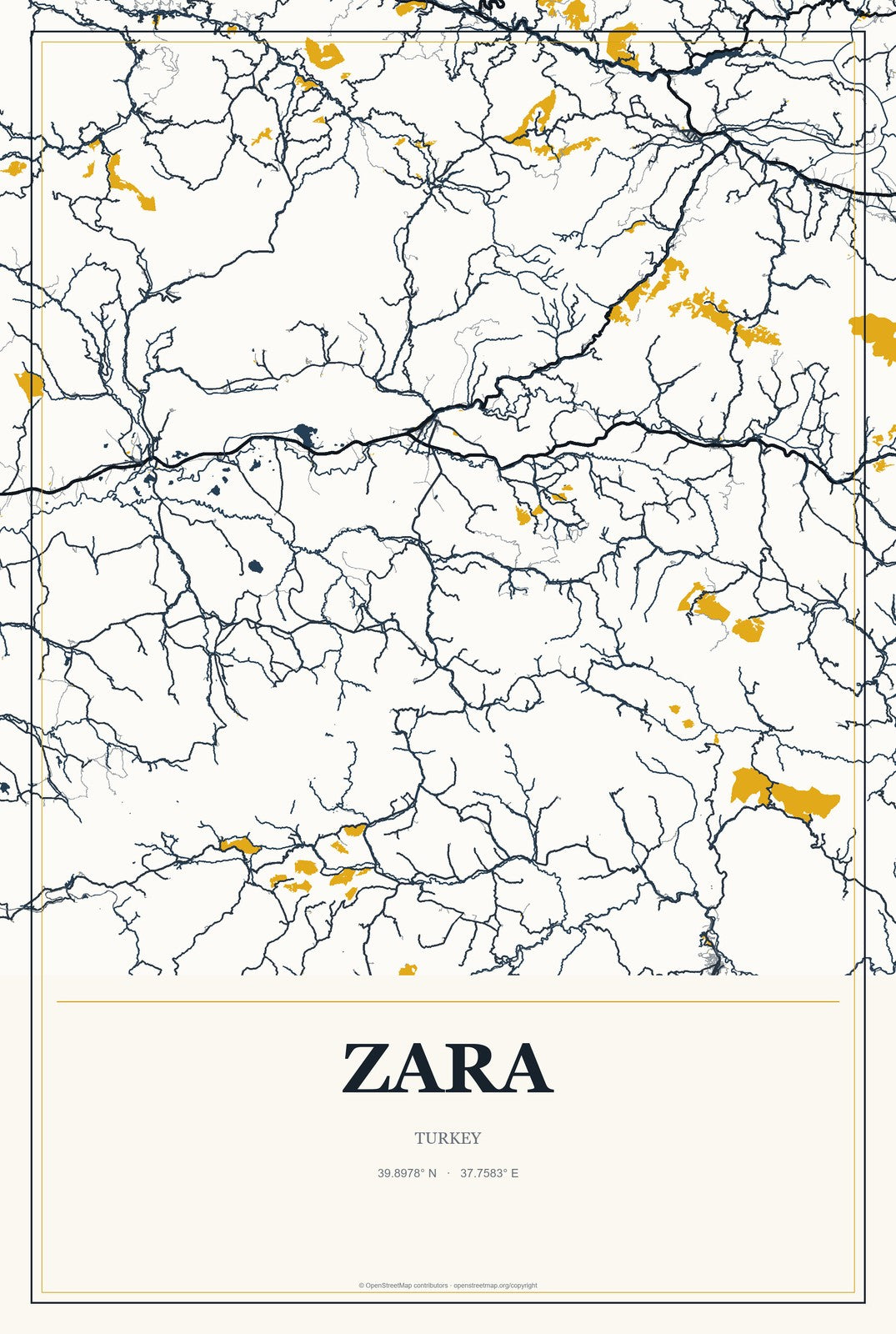 Zara, Turkey City Map Aluminum Sign in Citrine Modern style