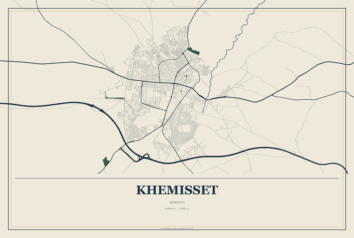 Khemisset, Morocco City Map Aluminum Sign in Coastal Cutout style