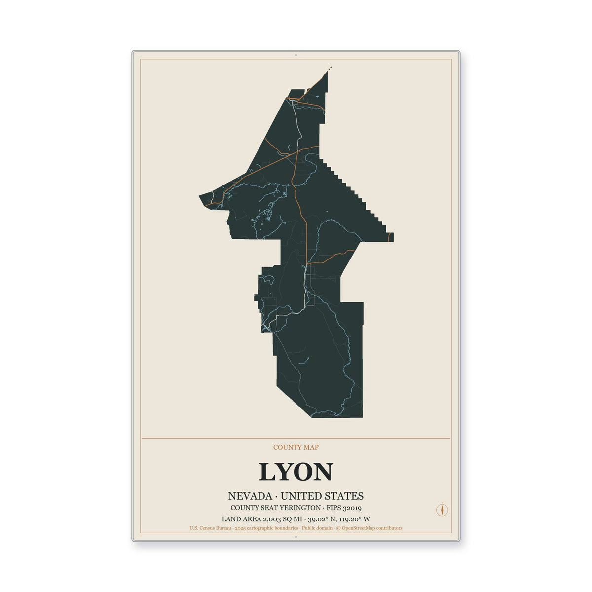 Lyon County, Nevada Map Aluminum Sign in Headline Atlas style
