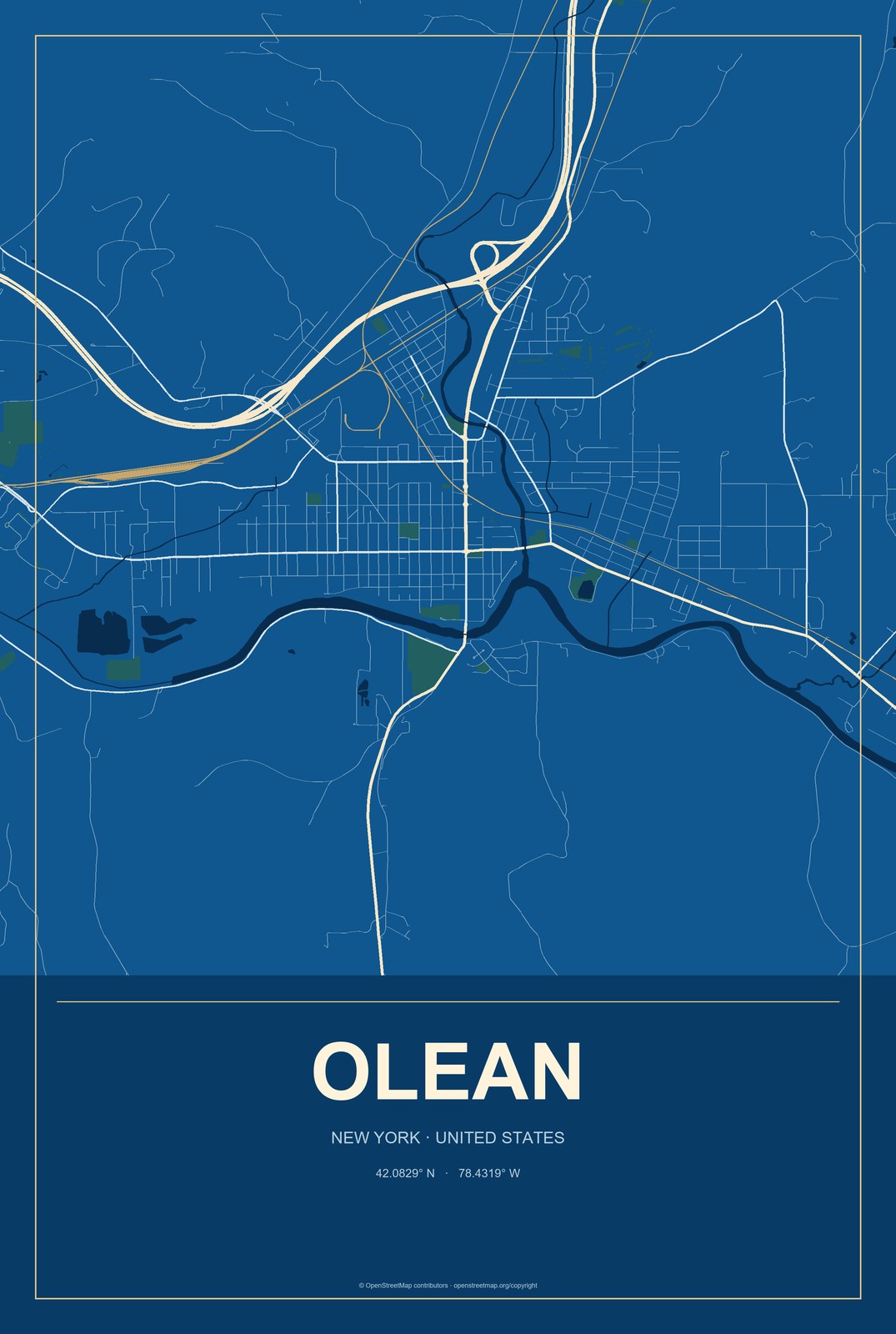 Olean, New York City Map Aluminum Sign in Harbor Cobalt style