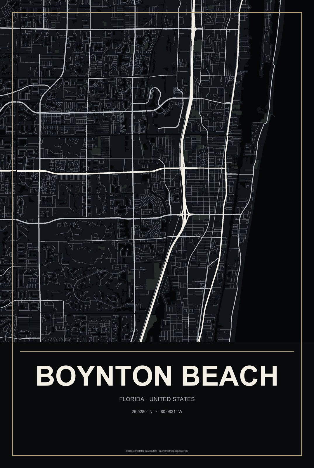 Boynton Beach, Florida City Map Aluminum Sign in Metropolitan Noir style
