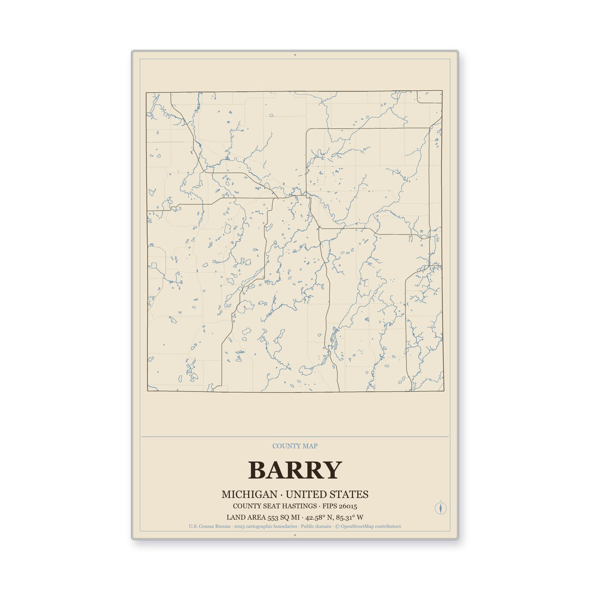 Barry County, Michigan Map Aluminum Sign in Heritage Nautical style