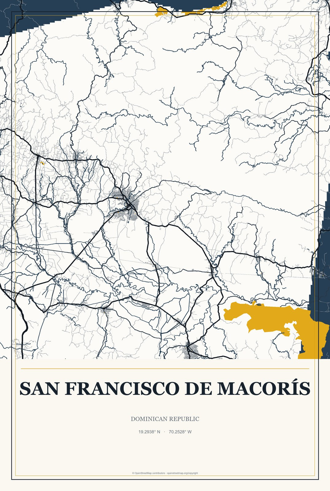 San Francisco de Macorís, Dominican Republic City Map Aluminum Sign in Citrine Modern style