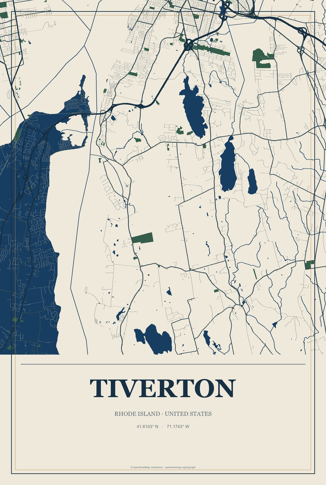 Tiverton, Rhode Island City Map Aluminum Sign in Coastal Cutout style