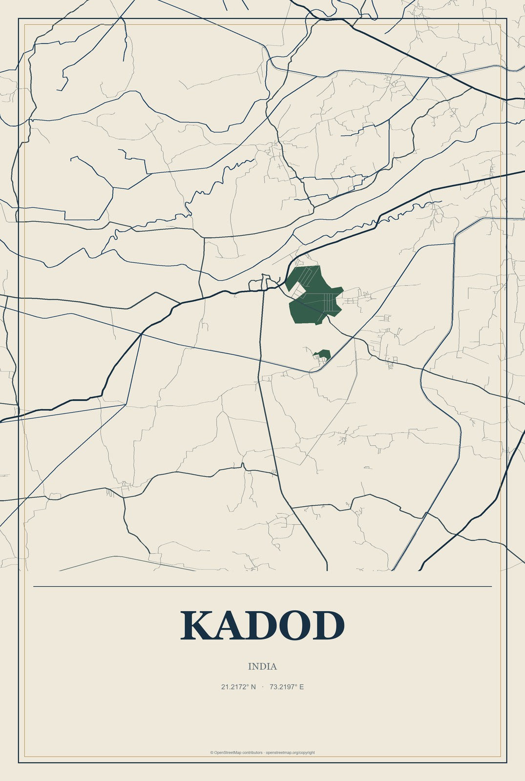 Kadod, India City Map Aluminum Sign in Coastal Cutout style