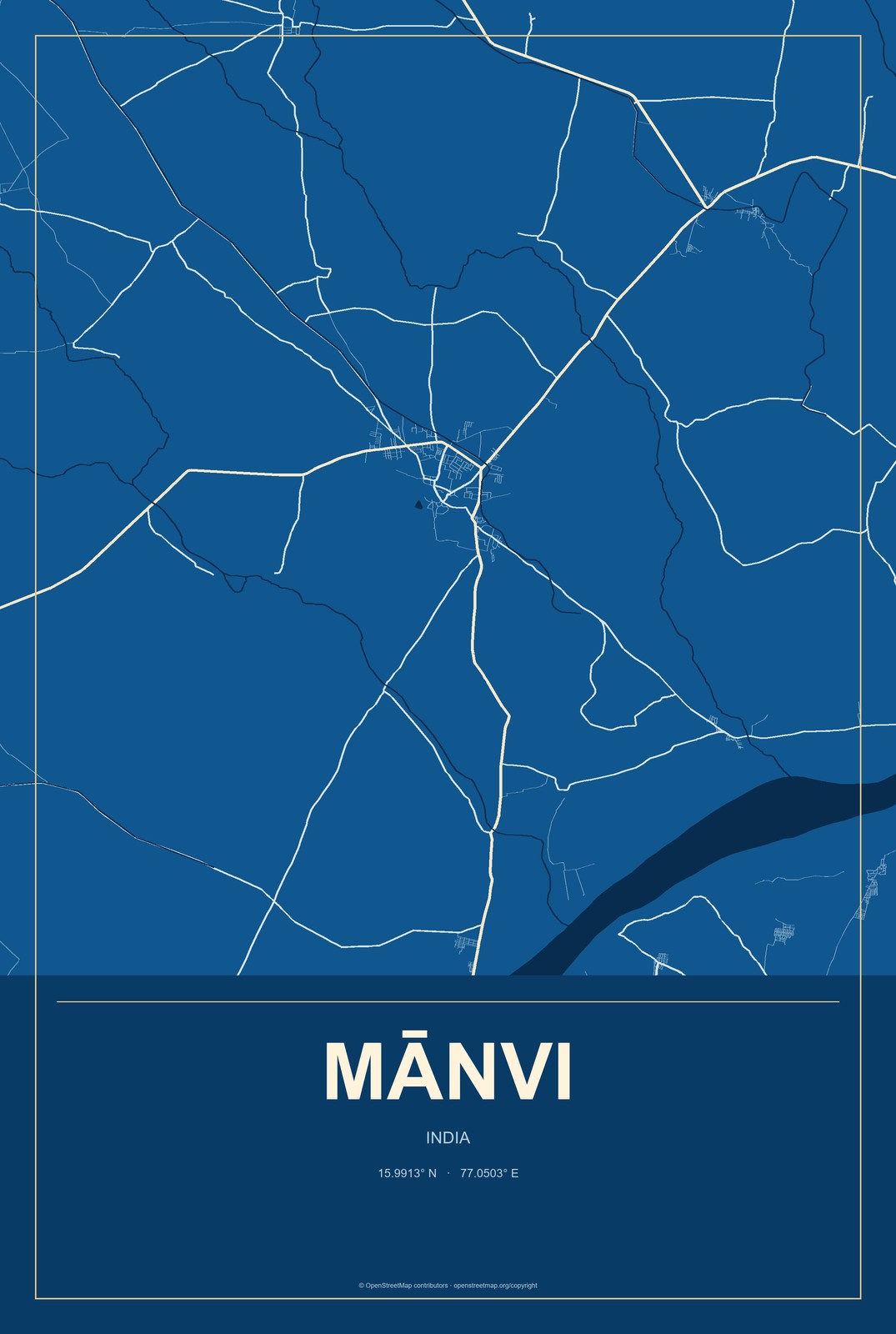 Mānvi, India City Map Aluminum Sign in Harbor Cobalt style