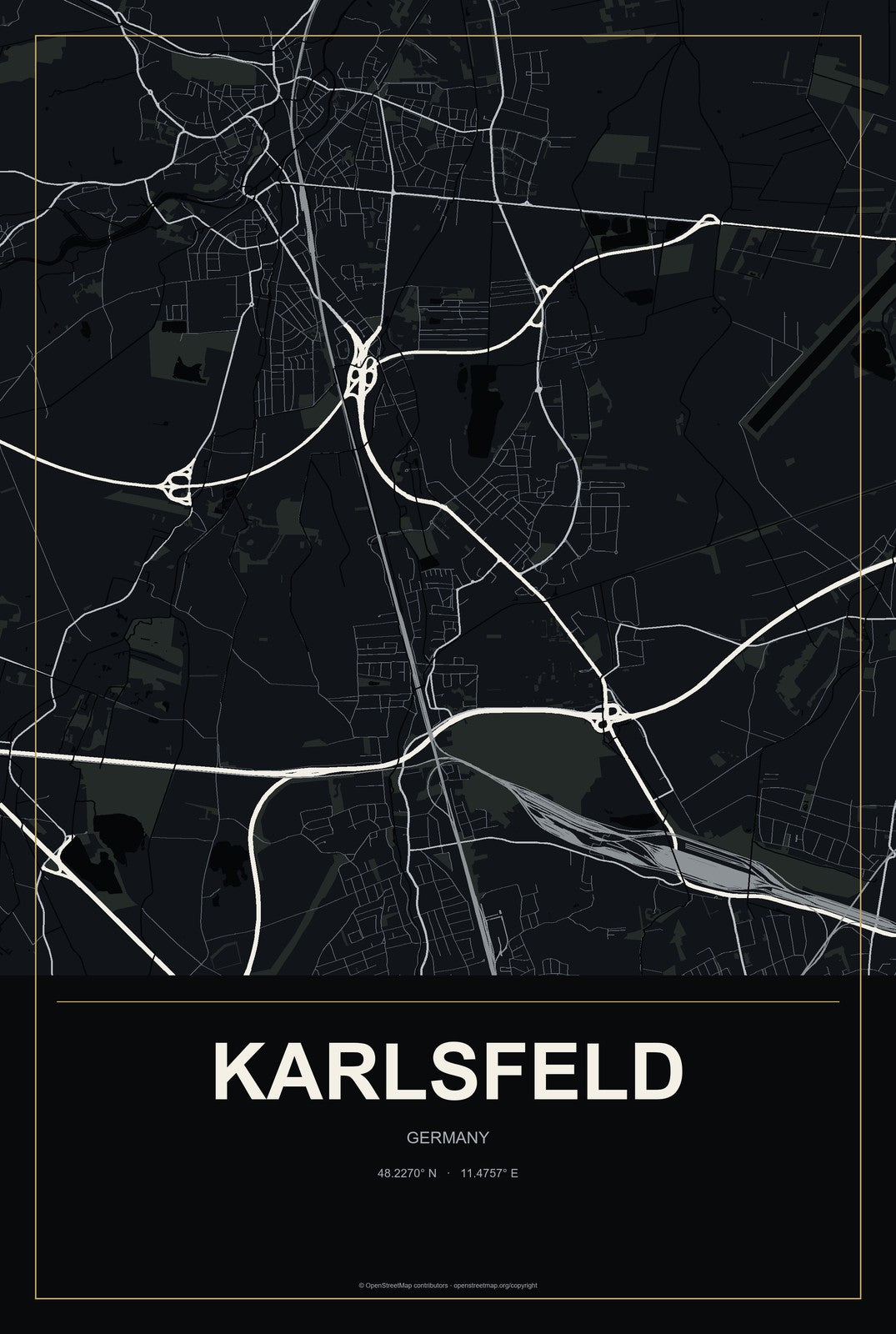 Karlsfeld, Germany City Map Aluminum Sign in Metropolitan Noir style