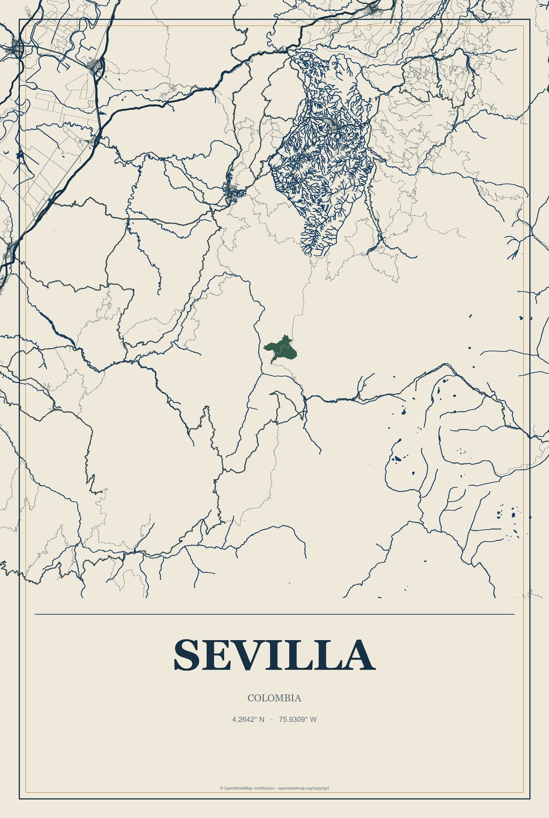 Sevilla, Colombia City Map Aluminum Sign in Coastal Cutout style