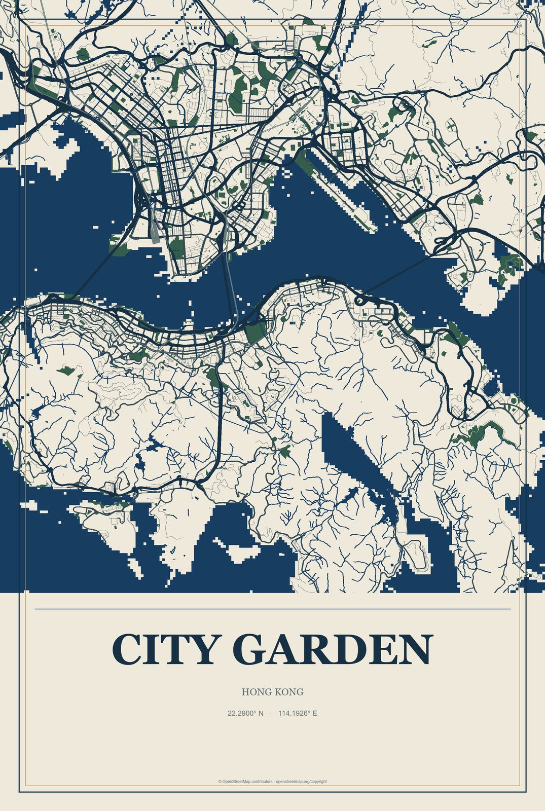 City Garden, Hong Kong City Map Aluminum Sign in Coastal Cutout style
