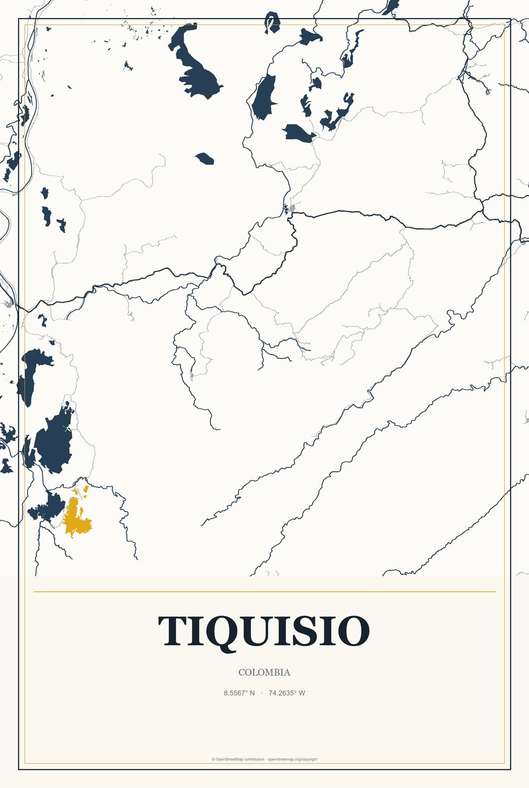 Tiquisio, Colombia City Map Aluminum Sign in Citrine Modern style