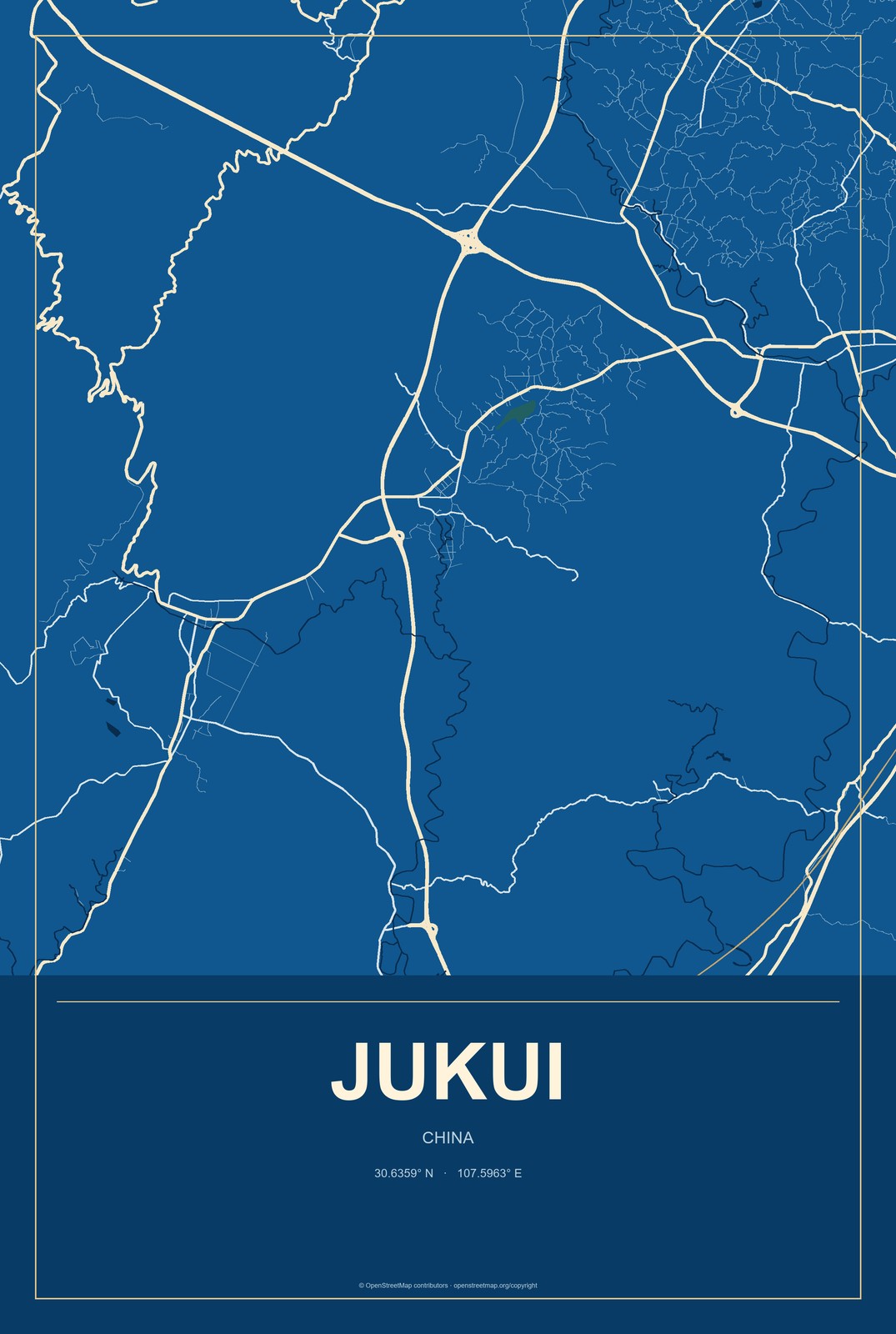 Jukui, China City Map Aluminum Sign in Harbor Cobalt style