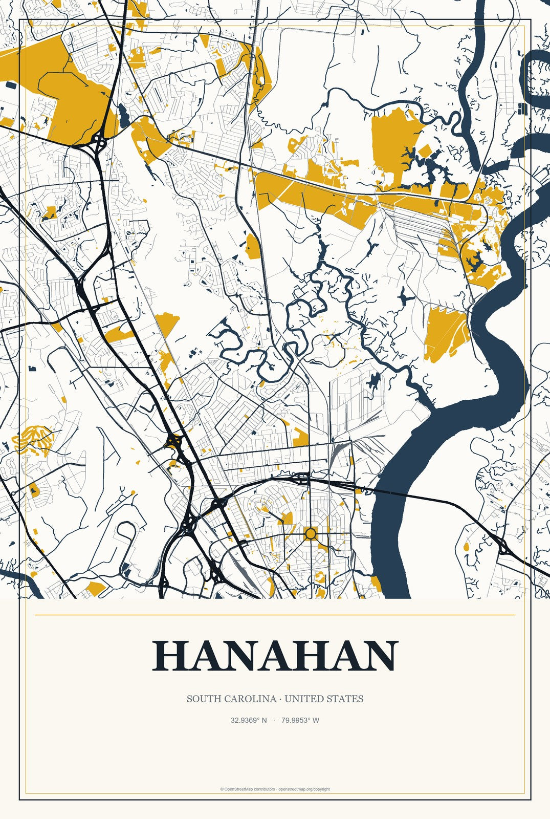 Hanahan, South Carolina City Map Aluminum Sign in Citrine Modern style