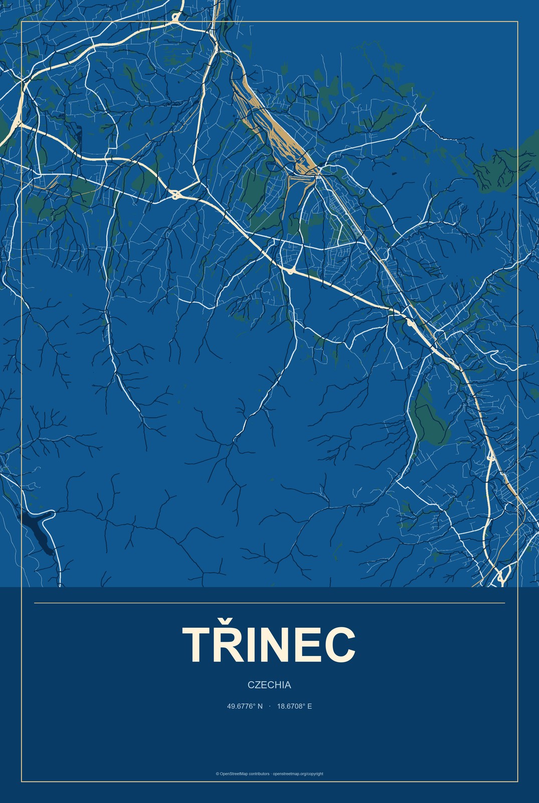 Třinec, Czechia City Map Aluminum Sign in Harbor Cobalt style
